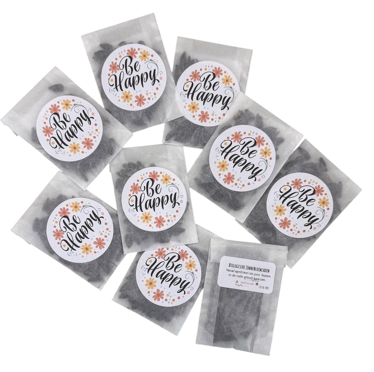 10 zakjes biologisch Zonnebloemzaad,Be Happy,attentie,klein kadootje,uitdeelkadootjes,personeels attentie,green gift,bloemen,bedankje,zaden,tuin,vrolijk klein,bloemenzaad,biologisch,bloemetje,bedankt,zaad,personeel,werknemers,uitdeel,klein kadootje,