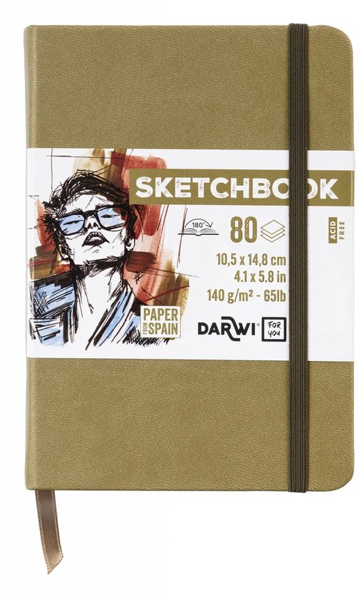 Gesloten kaki groen schetsboek met een elastische band en een papieren band met 'SKETCHBOOK 80 10,5 x 14,8 cm 140 g/m² PAPER SPAIN DARWI'.