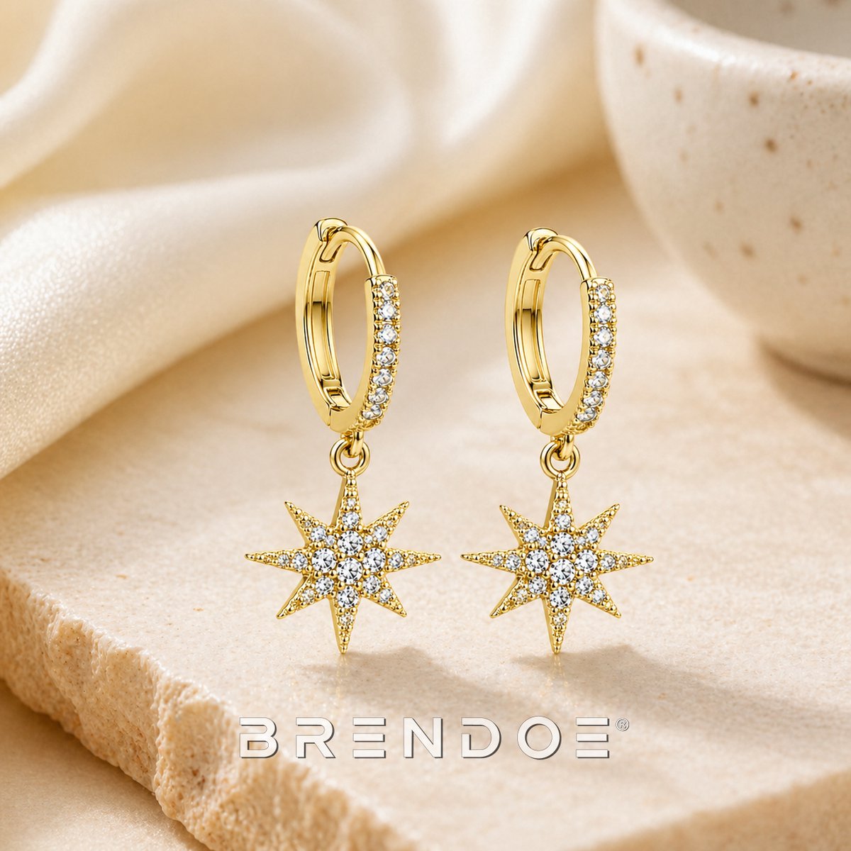 Brendoe Goudkleurige Ster Oorbellen Dames – Hangoorbellen met Zirkonia – Elegante Oorringen met Sterhanger