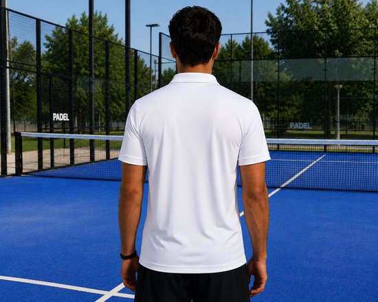 Man met de rug naar de camera, draagt witte Raqa® polo op een blauw padelveld.