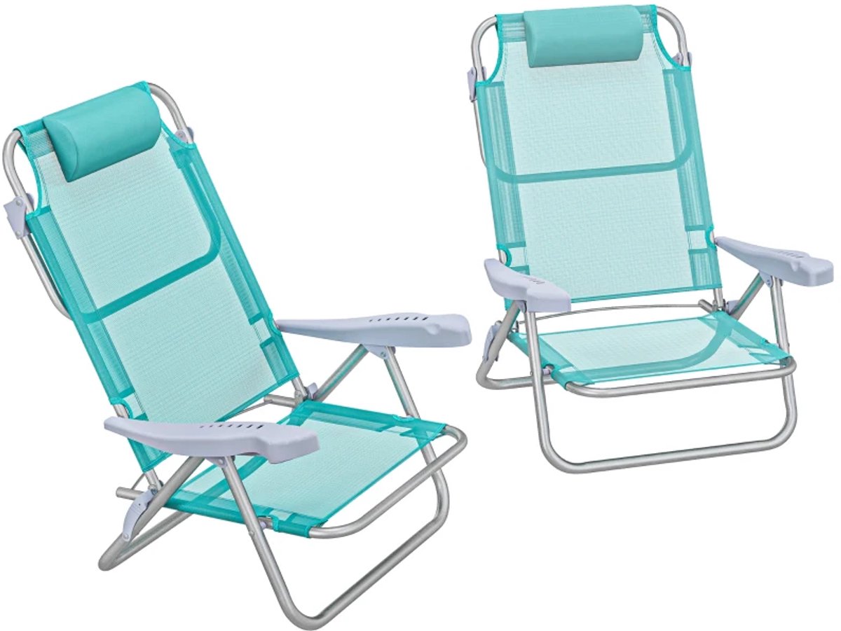 Set van 2 Opklapbare Campingstoelen - Ligbed met Hoofdsteun - Ligstoel met 6-standen Verstelbare Rugleuning - Tuinstoel - Strandstoel - tot 120 kg - Zonnebed - Relaxstoel voor Tuin, Terras, Zwembad & Balkon - Turquoise