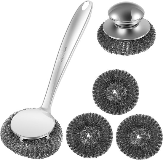 Een zilverkleurige schuurspons met lange steel, zilverkleurige dop en drie losse schuursponzen.