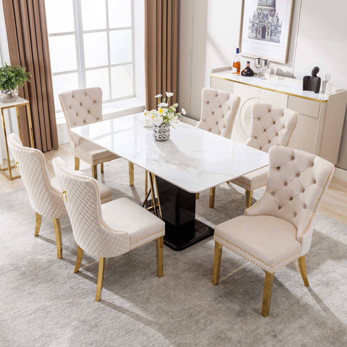 Welltin Eetkamerstoel - Set Van 6 - Beige - Fluweelachtig materiaal - Metalen Poten - Eetkamerstoelen - Verstelbare voetjes - Keukenstoel - Draagvermogen 150KG - Scandinavisch Design