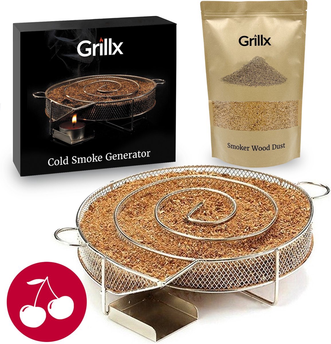Grillx Cold Smoke Generator met Kersen Rookmot - 3 Liter - Smokerbox - RVS Rookbox - Rookgenerator - Koud roken - BBQ Accesoires