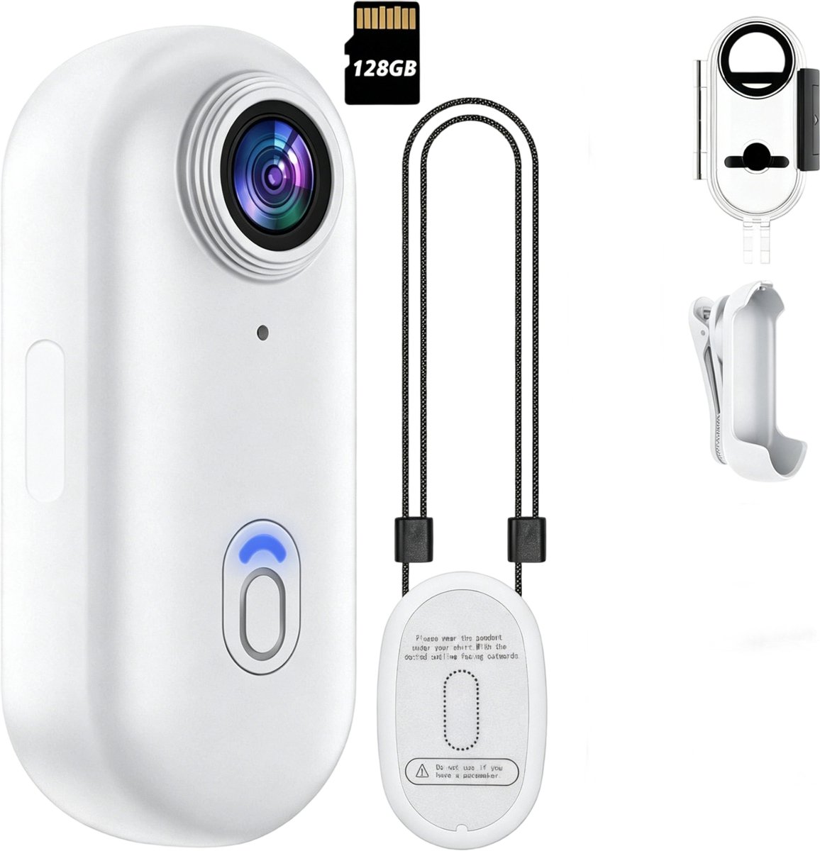 Camera – 128GB – Mini Action Camera – 4K – WiFi – Draagbaar & Wearable – Waterdicht – Inclusief draaibare achterclip, magnetisch draagkoord, datakabel, geheugenkaart en kaartlezer – Geschikt voor fietsen en huisdieren – Wit