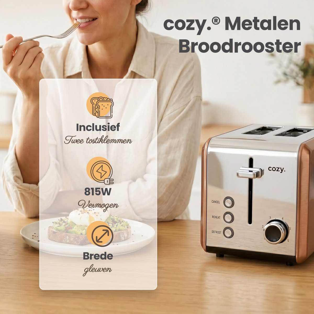 cozy.® Metalen Broodrooster met Tostiklemmen - Tosti Apparaat 815W - Retro Tosti Ijzer & Toaster - Brede Sleuven & 6 Standen - Ontdooi & Verwarm functie - Inclusief E-book - Rosé Goud thumbnail 2