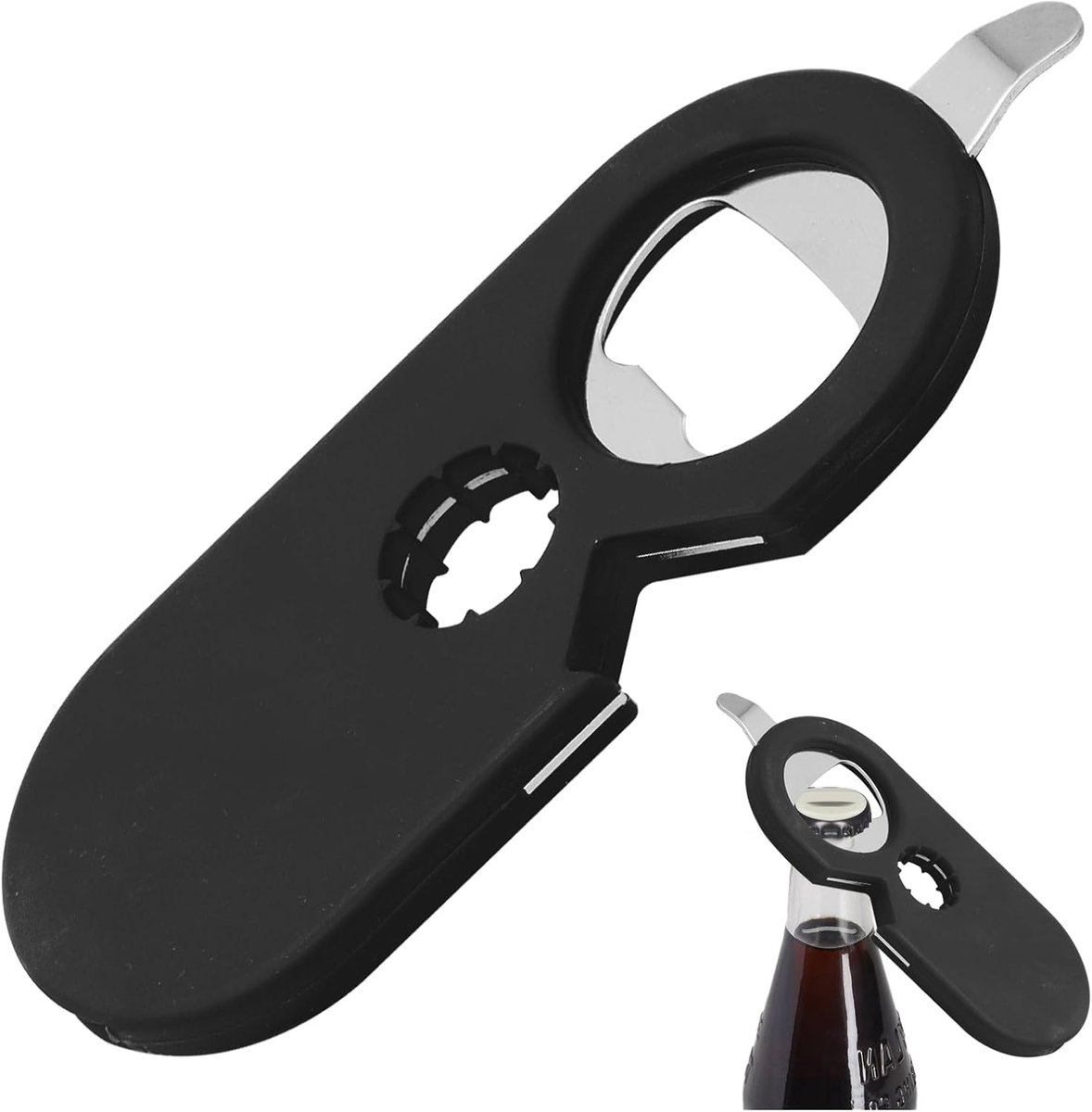 5-In-1 Magnetische Flessenopener - Roestvrij Staal - Voor Bier - Blikjes - Potten En Flesjes - Keukengereedschap - Zwart - Afmeting 11x4.4 cm