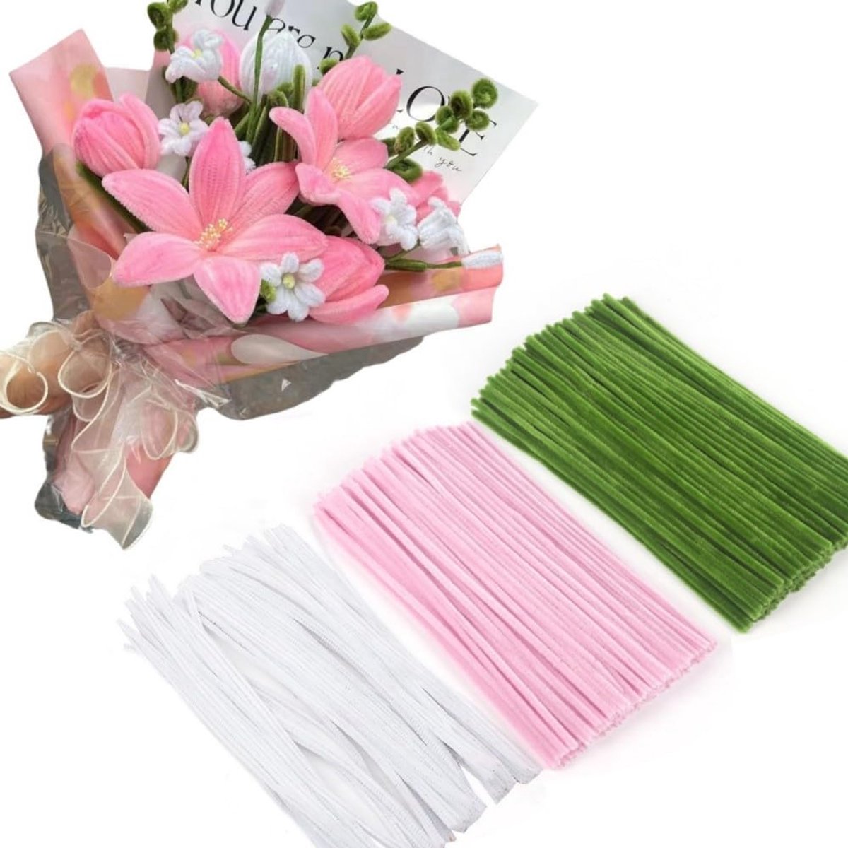 300 stuks - Twister Sticks - Dikke pijpenragers, knutselbenodigdheden - voor kunst- en knutselprojecten, creatieve doe-het-zelfdecoraties - Wit, groen, lichtroze