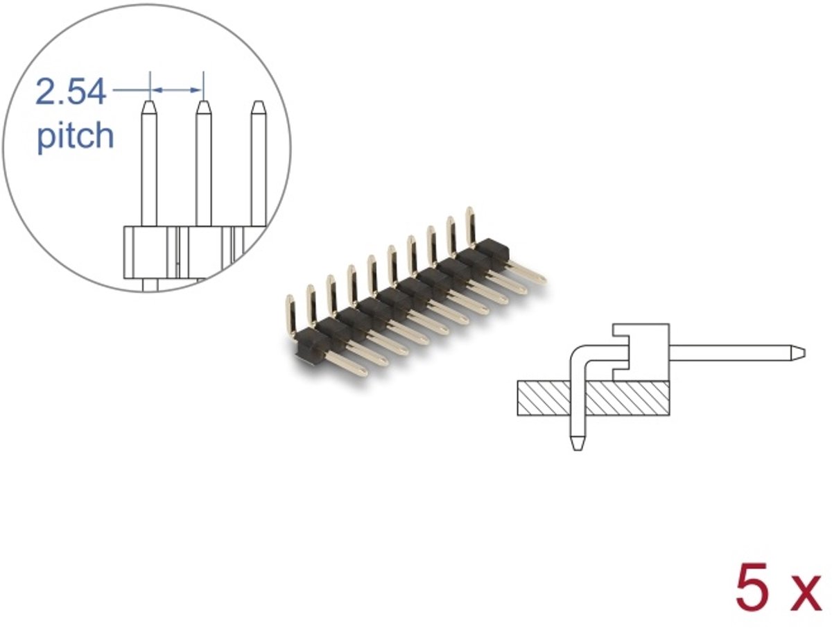 Delock Pin header 10 pin, pitch 2.54 mm, 1-row, angled, 5 pieces