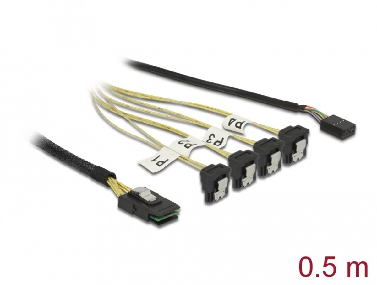 Kabel Mini SAS SFF-8087> 4 X SATA 7 PIN GEKLAAGEND + SIDBAND 0,5 M