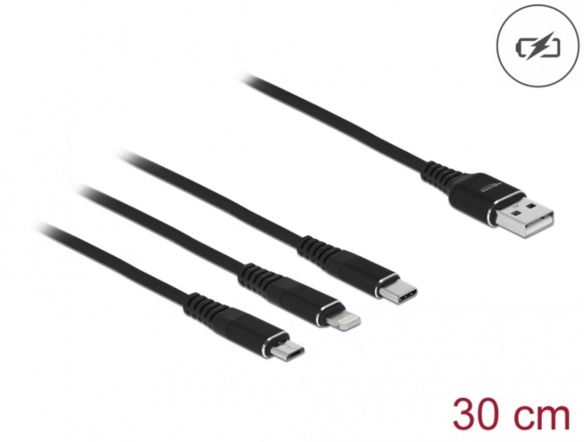 USB oplaadkabel 3 in 1 Type A tot Lightning / Micro USB / USB Type C 30 cm zwart