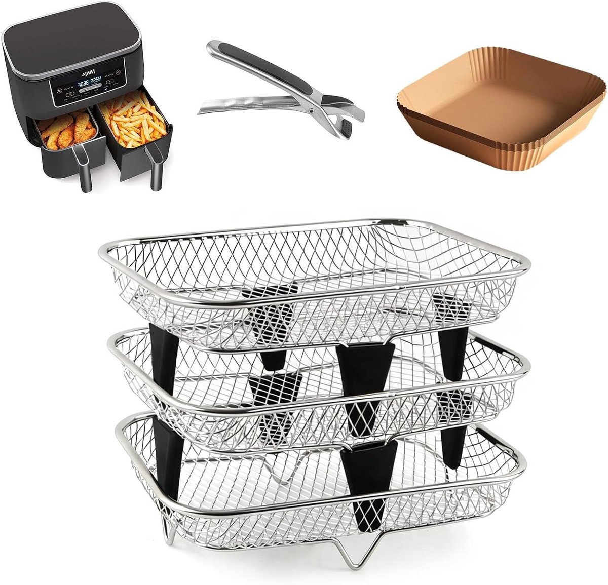 Heteluchtfriteuse Accessoires - Grillrooster Set - Dubbel Koken - Roestvrij Staal - 19 cm - Zilver