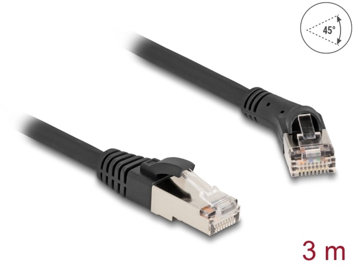 Image of Delock RJ45 Network Cable Cat.8.1 S/FTP plug 45° right angled to plug straight up to 40 Gbps 3 m black
