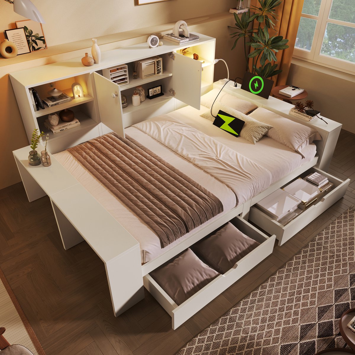 Clruro Opbergbed Tweepersoonsbed - 140x200 cm - Lades en Opbergruimte - Dubbele Deuren en USB USB-C - Hout - Wit