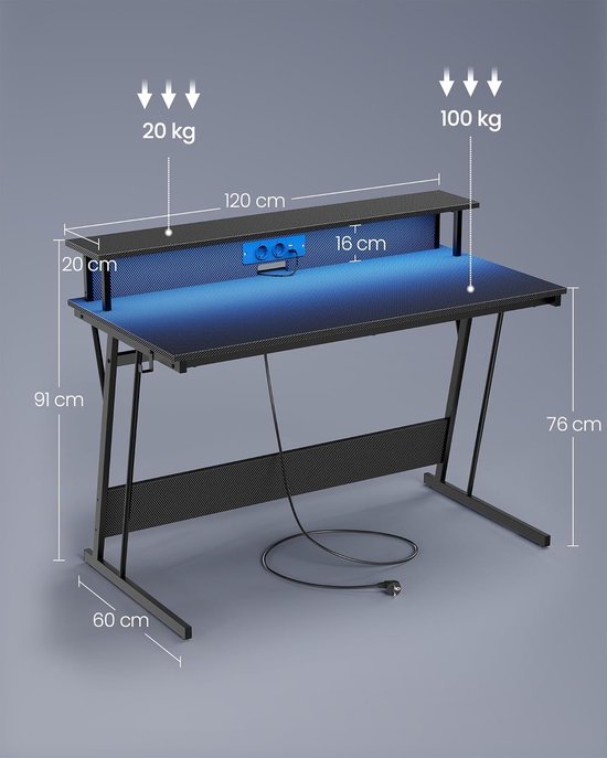 Gaming Bureau - Computer Tafel - Comfortabel Spelen - Geïntegreerde LED Verlichting - 120 x 60 cm - Carbon Zwart — afbeelding 4