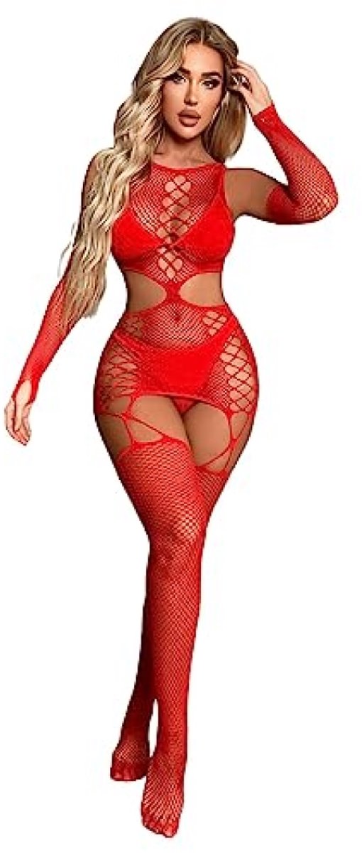 Rode netstof bodystocking voor dames - opengewerkt catsuit met handschoenen