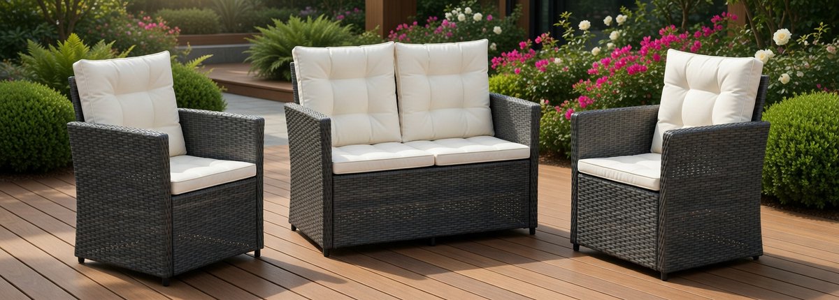 Luxor 4-delige Tuinmeubelset Zwart – Luxe Outdoor Loungeset met Kussens en Salontafel – Comfortabele Tuinbank Set voor Terras, Balkon en Tuin Medahomestore