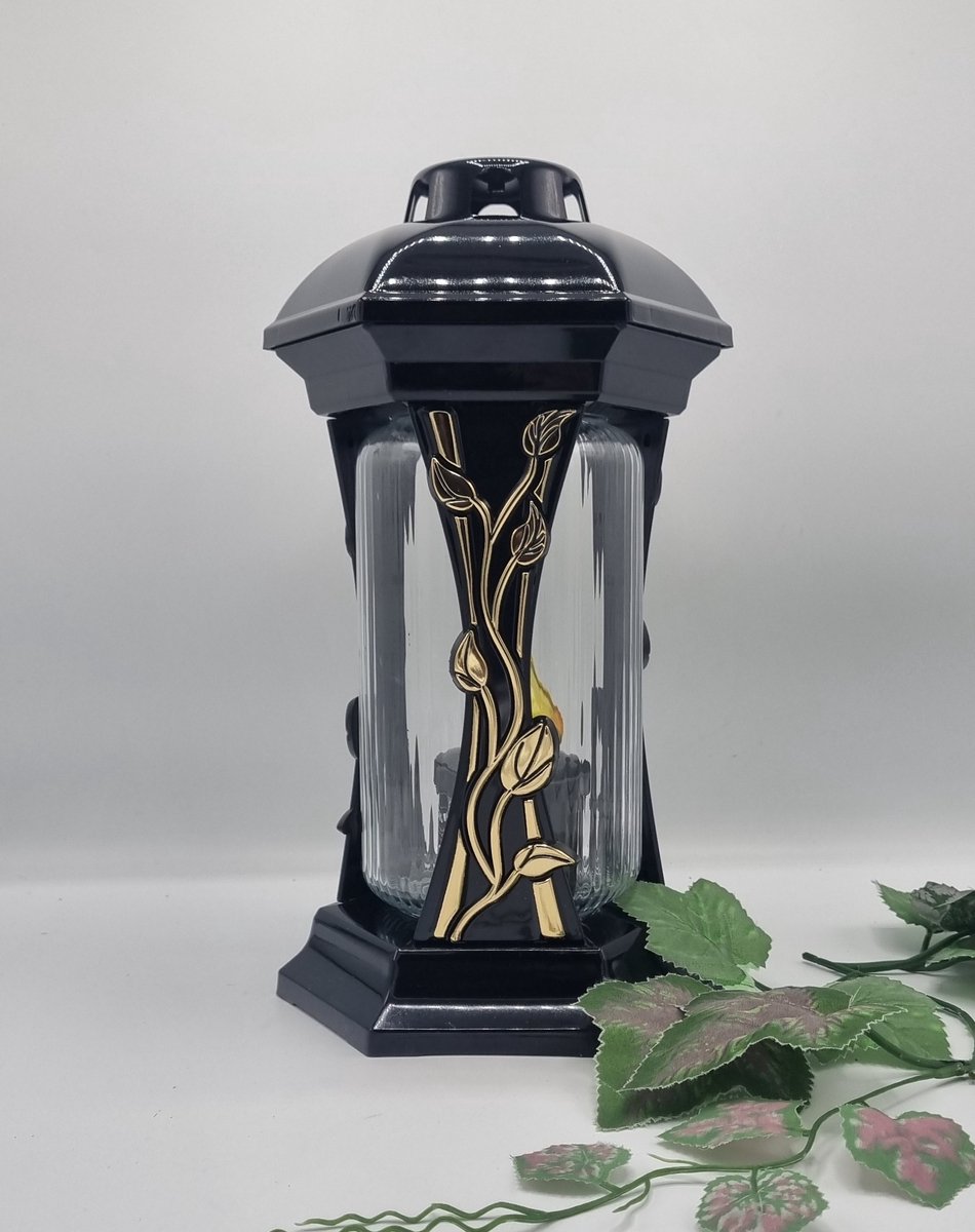 Lubema Herdenkingslicht - L-40 - Roos - Lantaren - Goud - Incl LED Warm wit (Zwart) - Windlicht - Graflicht