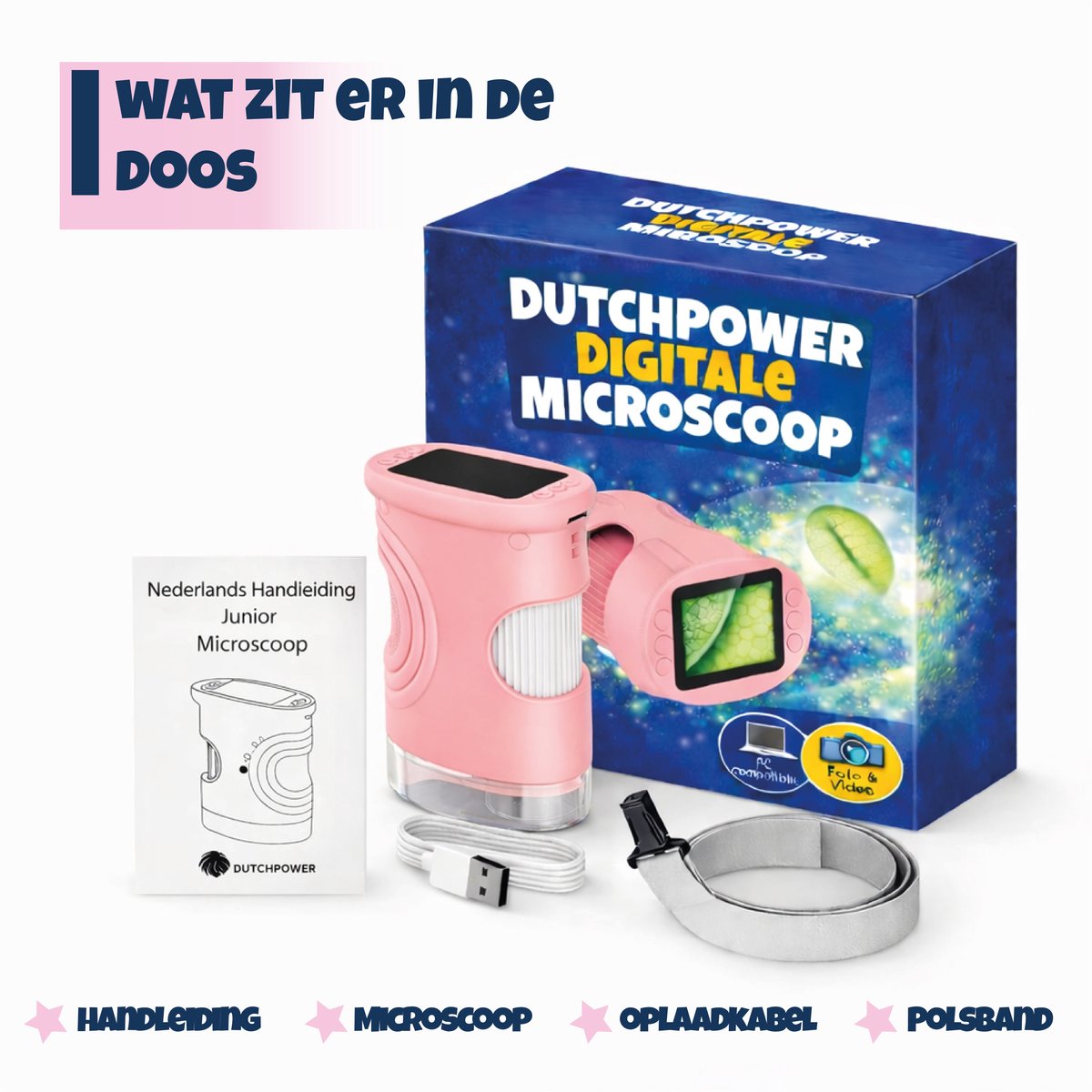 DUTCHPOWER Digitale Microscoop 1000x-4K-voor Kinderen – Draagbare Handmicroscoop met Foto & Video – STEM Educatief Speelgoed voor Ontdekken in Tuin en Natuur – Geschikt voor 4 t/m 12 jaar-Roze — afbeelding 3