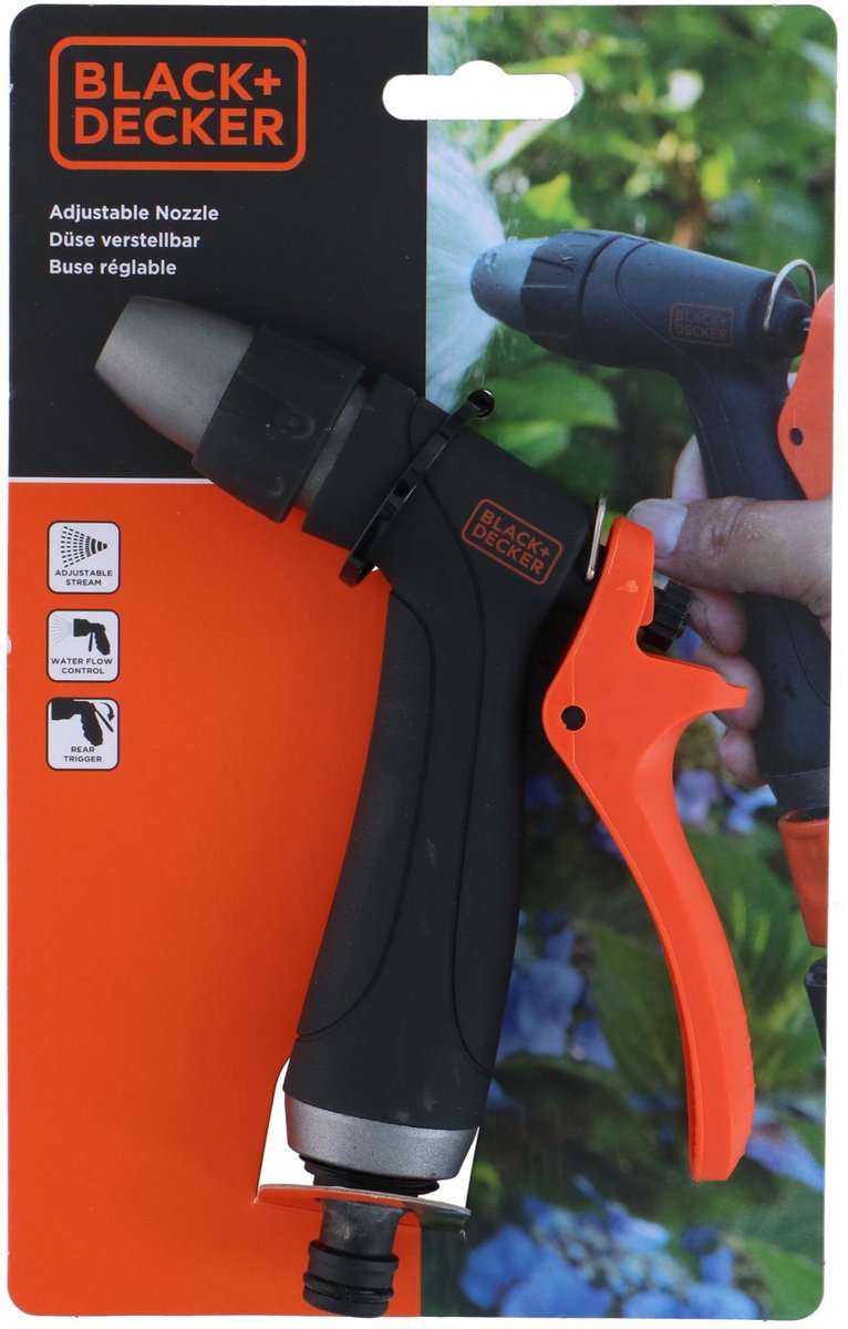 BLACK+DECKER Verstelbaar Spuitpistool - Sproeikop voor Tuinslang - Aanpasbare Waterstroom - Ergonomisch Handvat - Kunststof - Zwart/Oranje