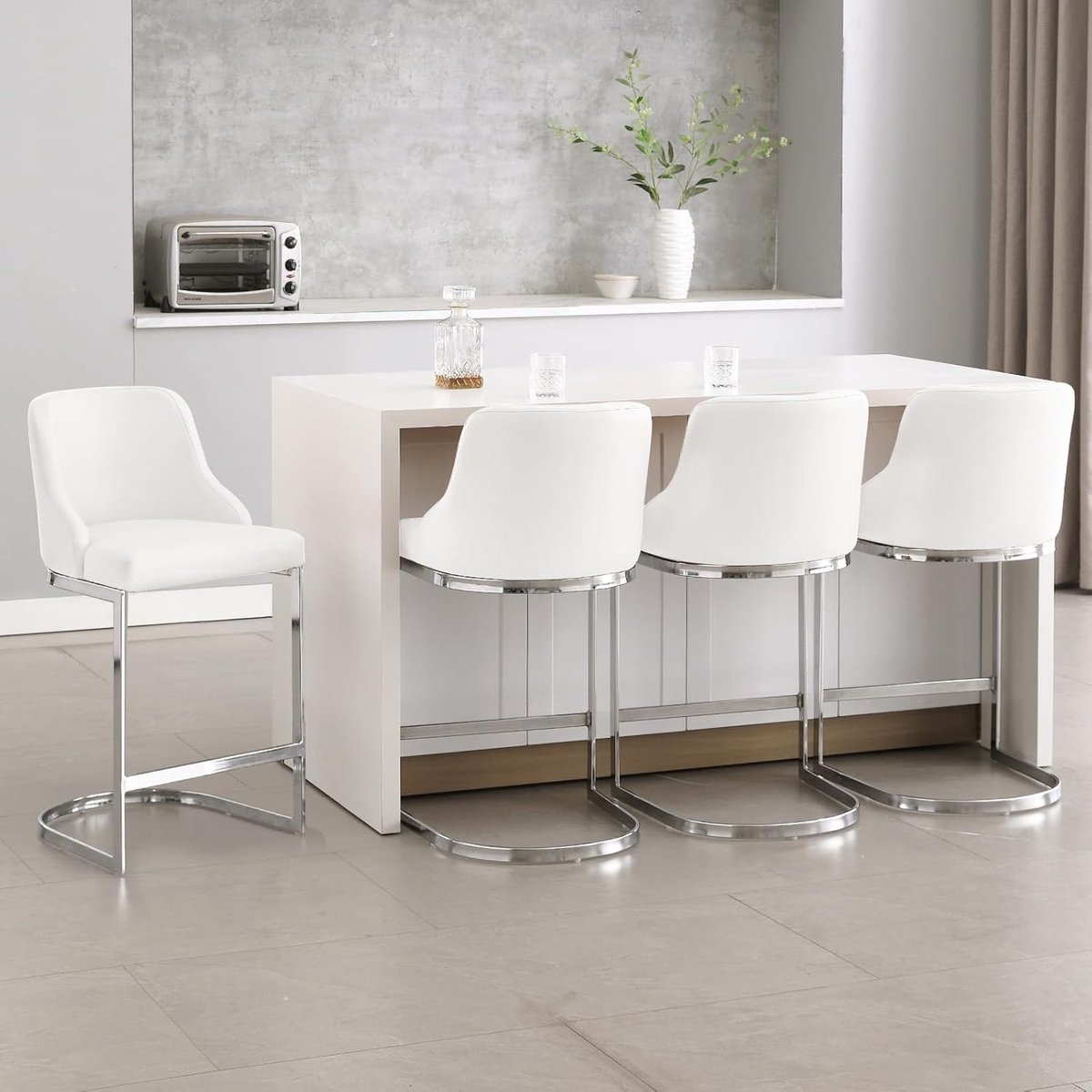 Barkruk Set van 2 53,1 x 53,1 x 98,6 cm – 65 cm Zithoogte Cantilever Barstoelen met Rugleuning en 8 cm Dikke Zitting – Moderne Keukenkrukken Kunstleer wit Metaal – Urbanhome