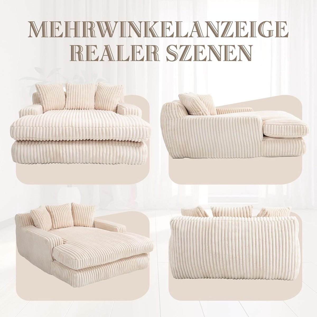 Chaise Longue Slaapbank 125x155x63 cm – Luxe Corduroy Ribfluweel Lounge Fauteuil met 3 Kussens, Ergonomisch Design, Zonder Armleuningen, 1 Persoons Relaxbank – Laura
