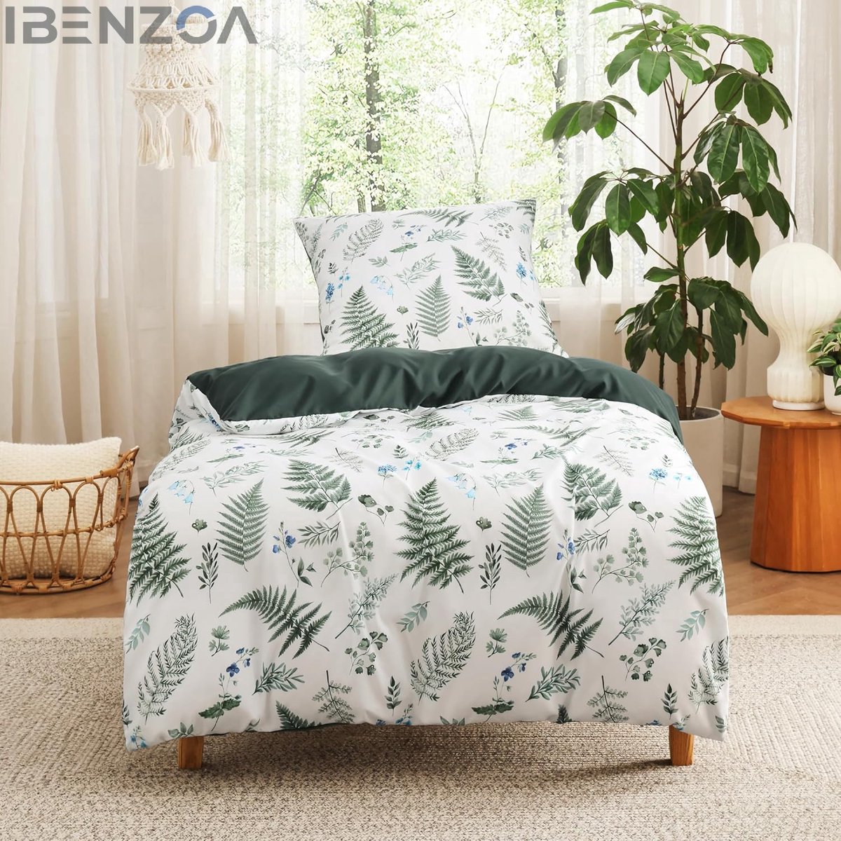 Ibenzoa Dekbedovertrek - Gebloemd - 135x200 cm - Microvezel Groen