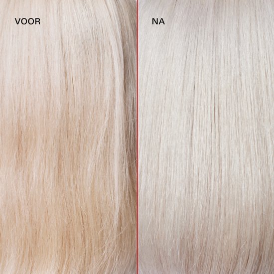 Voor en na foto van blond haar. De linkerzijde (voor) is geelachtig, de rechterzijde (na) is helderblond.