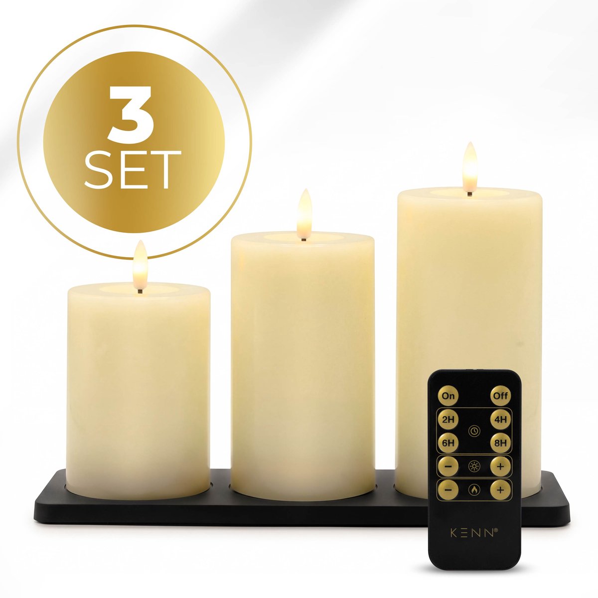 KENN® GlowPro™ Oplaadbare LED Kaarsen – Tot 400 Branduren – Set van 3 – Ivoor – Met Afstandsbediening & Timer – Magnetisch Oplaadstation – Bewegend Vlameffect – LED Kaarsen Oplaadbaar – LED Stompkaarsen – LED Kaarsen met Flikkerende Vlam – Horeca