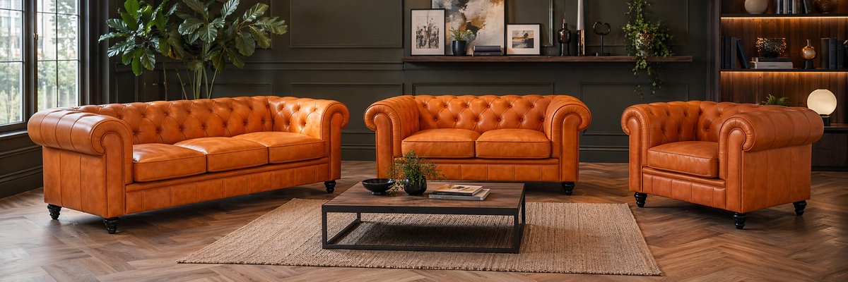 Chesterfield Banken 1-2-3 Zits - Cognac - Oker geel Vintage - Set - Bank - Sofa - Leer