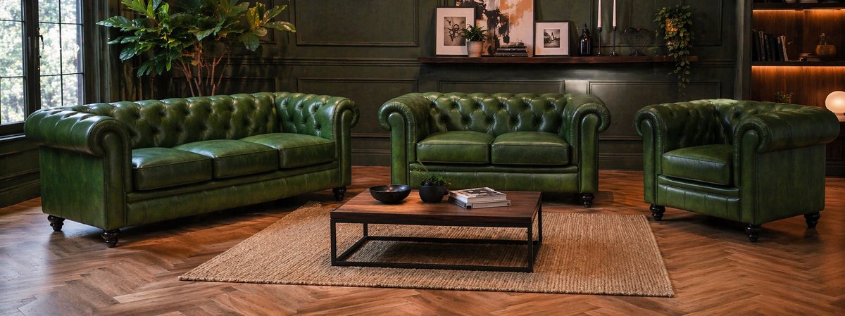 Meubeldistrict Chesterfield Banken 1-2-3 Zits - Groen Vintage - Set - Bank - Sofa - Leer