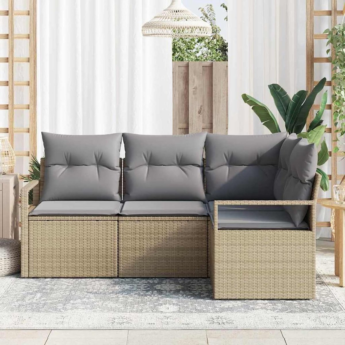 Tuin Loungeset 3-Zits met Tafel en Kussens 180x70x75 cm – Beige Poly-Rattan Modulaire Balkon & Terras Set – Weerbestendig & Comfortabel – Urbanhome