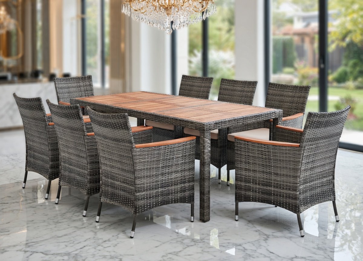 Tuinset 9-Delig voor 8 Personen – Polyrotan Tuinmeubelset met Acaciahouten Tafelblad & Parasolgat, 8 Stoelen met Kussens, Luxe Eetset voor Tuin/Terras – Grijs – GardenDining Deluxe – Urbanhome