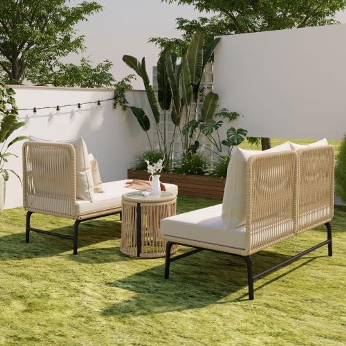 Luxe L-vormige Rope Garden Lounge Set 187 x 124 x 78 cm - Weerbestendige Tuinbank met IJzeren Frame en Comfortabele Kussens
