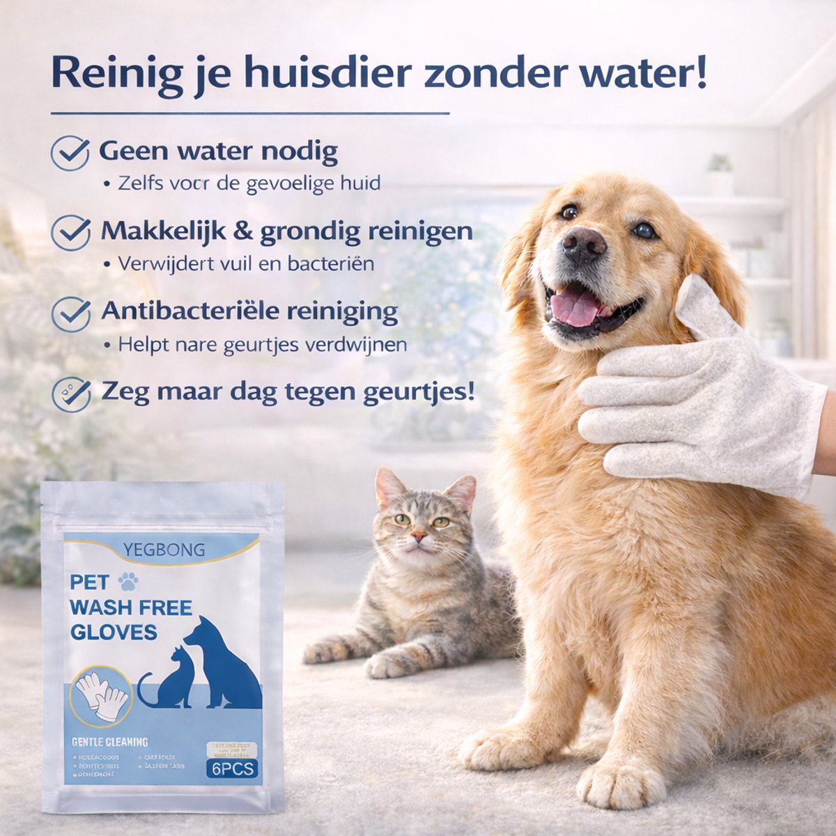 Yegbong Classic - Pet Wash Free Gloves - Met Kruidenextract & Antibacteriële Formule - Voor Hond en Kat, Gentle Cleaning & Bacteriostasis - Geurverwijderend, 6 Stuks