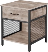Nachtkastje met lade en open vak, met metalen gaas zijkanten. Grijze houtprint en zwart metaal.