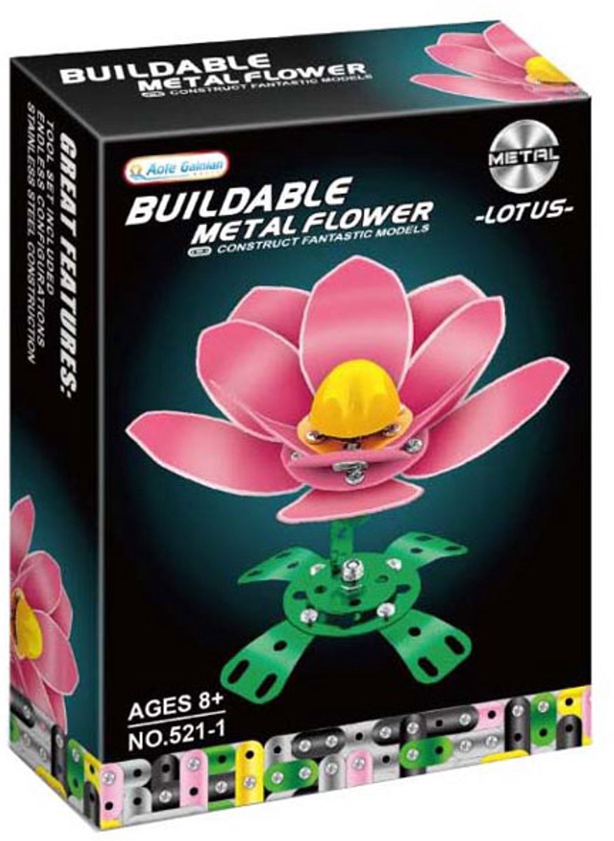 Lobbes metalen constructieset speelgoed roze klaproos bloem.