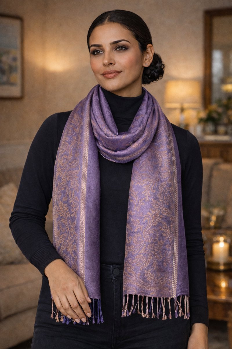 Pashmina Sjaal – Stijlvolle Sjaal Dames Zachte – Dames Sjaal met Paisley Motief – Twee‑Kleurige Elegante Herfst Winter Sjaal- Fashion Sjawl – Fijn geweven Pareo Omslagdoek 207/9- Paars met Beige Bruin details