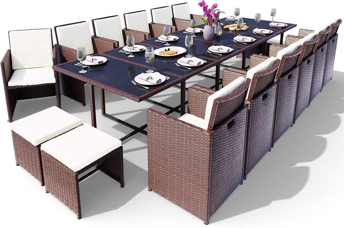 Loungeset 17-delig met tafel en kussens – Polyrotan tuinset met glasplaat, weerbestendig en onderhoudsvriendelijk – Luxe tuinmeubelset bruin– Urbanhome