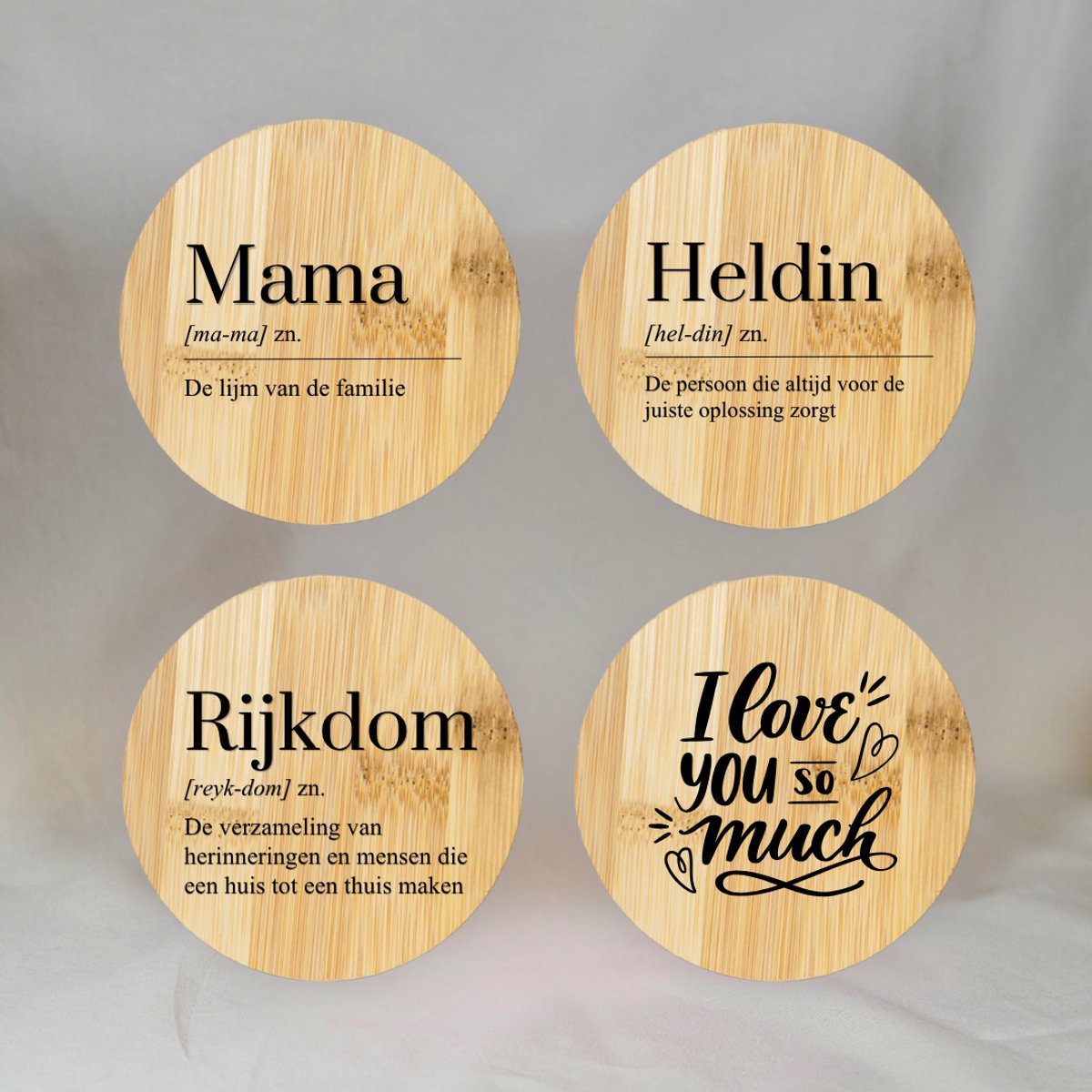 Bamboe Onderzetters Mama - 4 stuks - Hout - 12cm - Moederdag Cadeau Mama