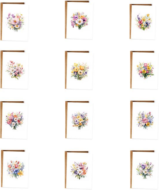 Set van 12 wenskaarten met diverse kleurrijke aquarel bloemmotieven en bijpassende kraft enveloppen.