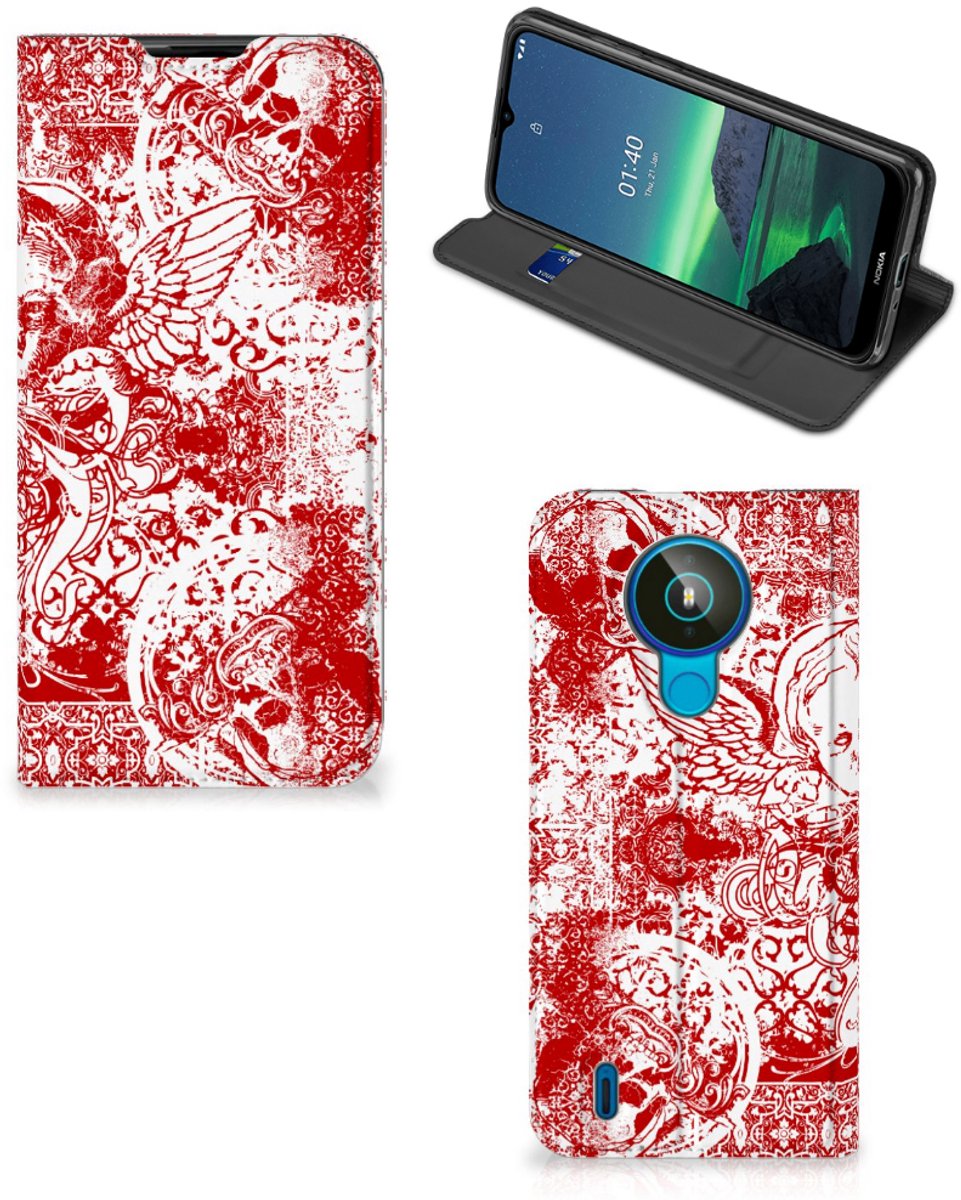 Mobiel BookCase Nokia 1.4 Angel Skull Rood