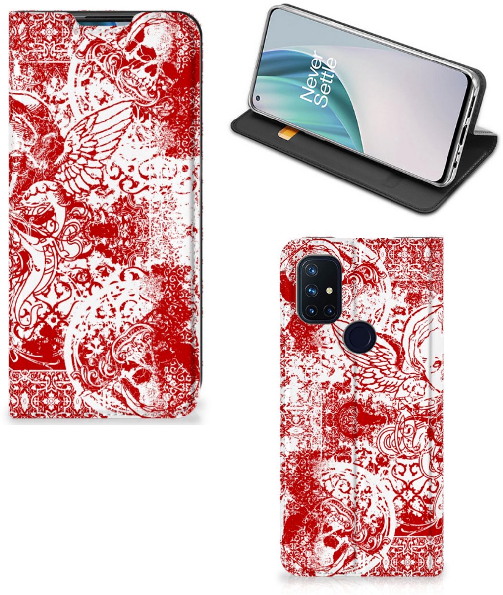 Mobiel BookCase OnePlus Nord N10 5G Angel Skull Rood