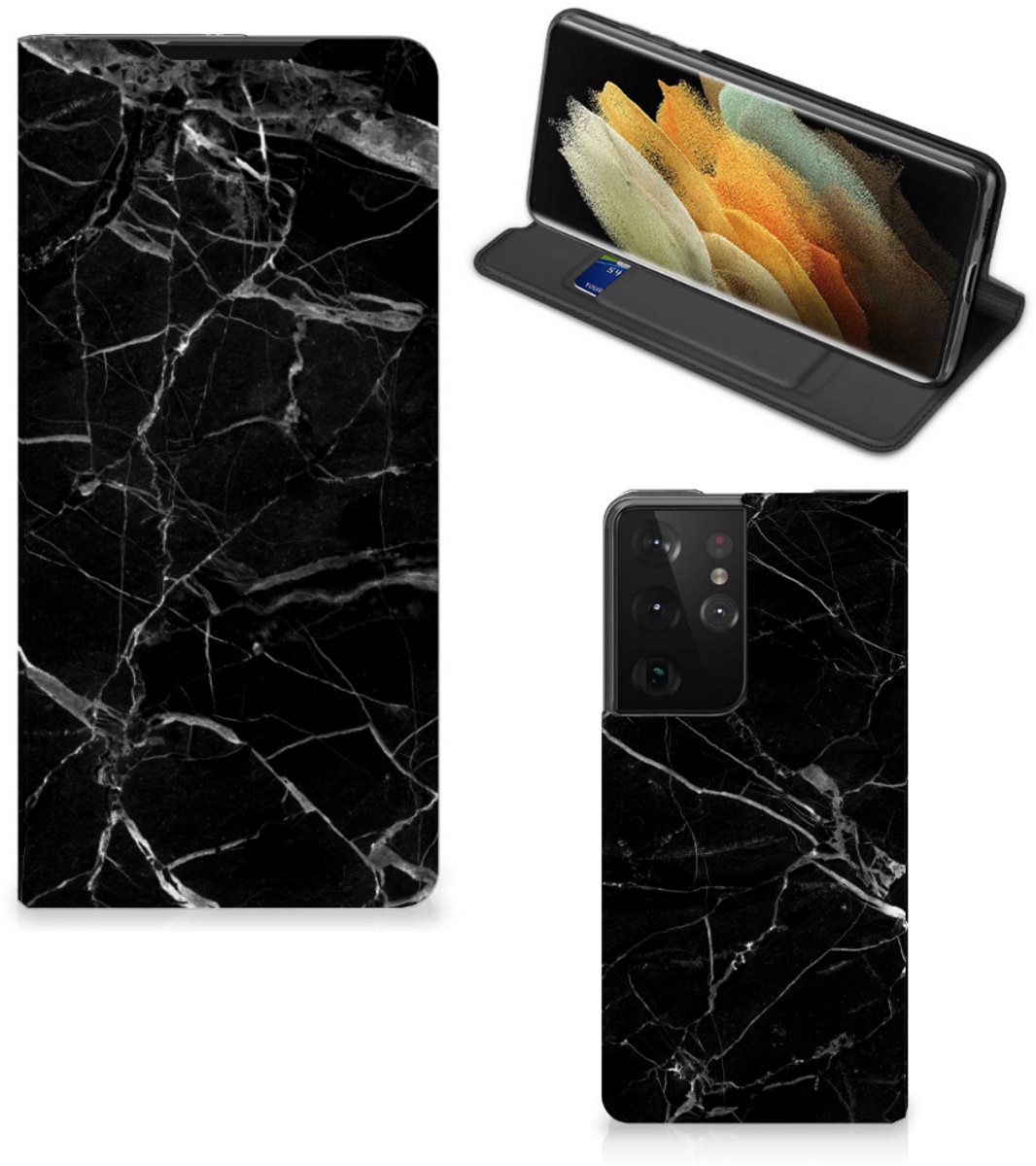 Samsung Galaxy S21 Ultra Standcase Marmer Zwart - Origineel Cadeau Vader