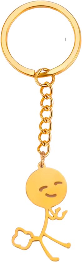 Grappige Scheet Sleutelhanger – RVS - Blij Poppetje in Goud – Uniek Cadeau – Humoristisch Accessoire - Tassenhanger - Sleutel Hanger Roestvrij Staal