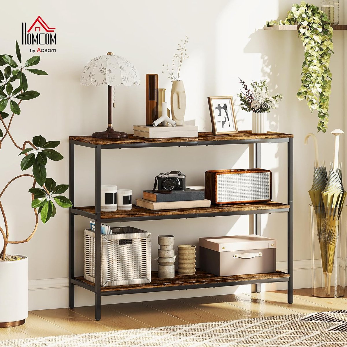 Industriële Consoletafel 3 Niveaus - Haltafel Met Metalen Frame en Opbergruimte, Rustiek Bruin - 101 x 35 x 80 cm - Urbanhome