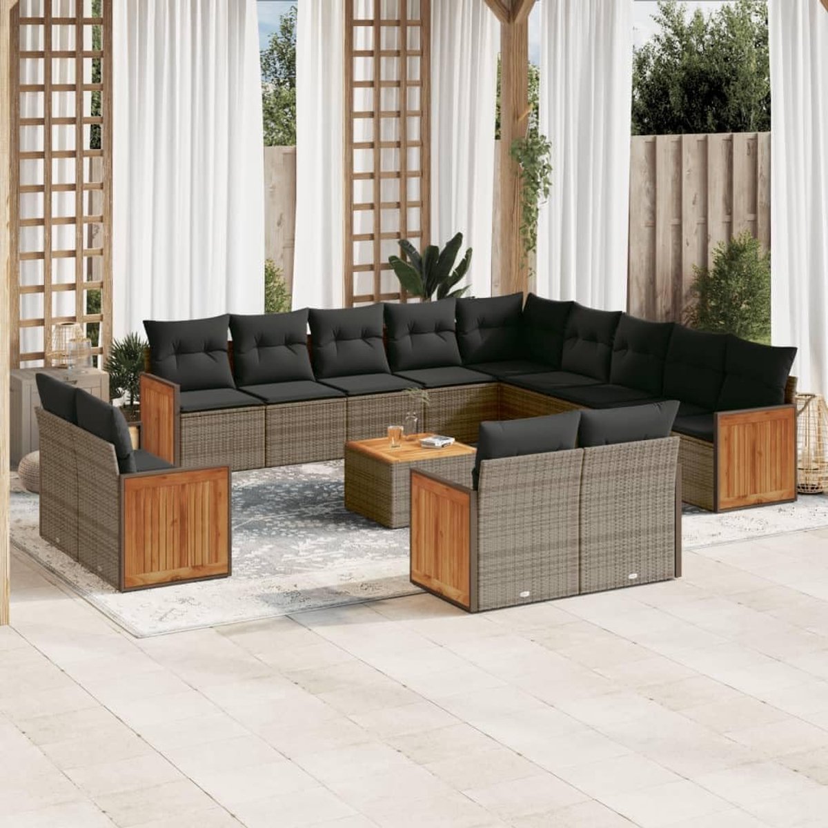 Luxe Grijze Poly Rattan Tuin Loungeset met Kussens en Acaciahouten Tafel voor Balkon, Terras en Tuin