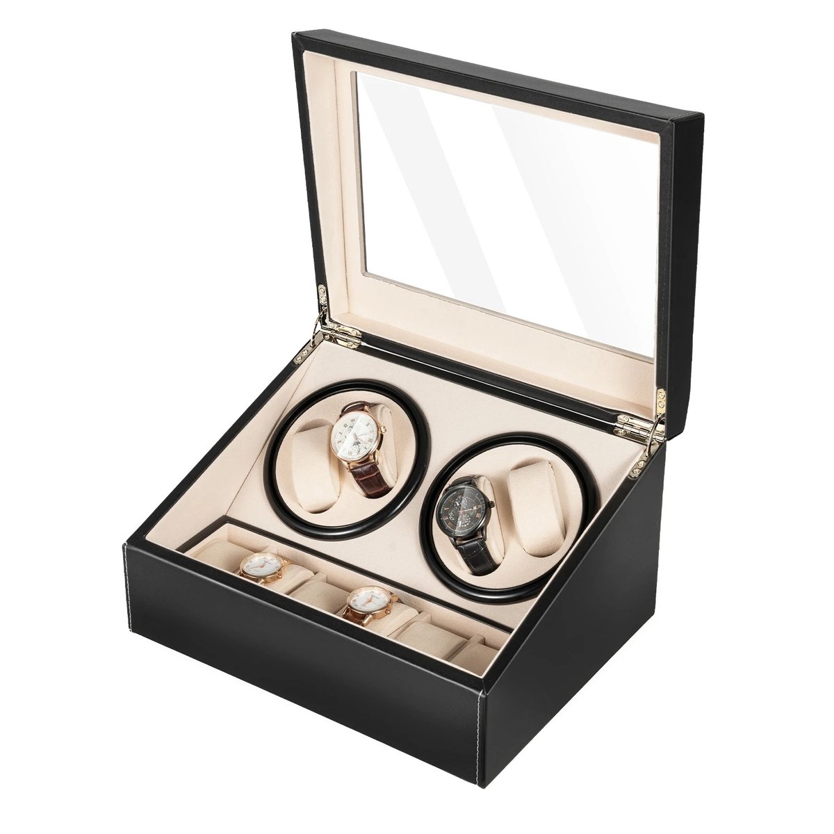 Watchwinder - Horlogebox - Horlogedoos - 4+6 Watch Winder Automatisch - Luxe Horlogebox met Opbergruimte - PU Leer - Voor 4 Automatische Horloges + 6 Opslag - Stil Stilvol Design - Zwart