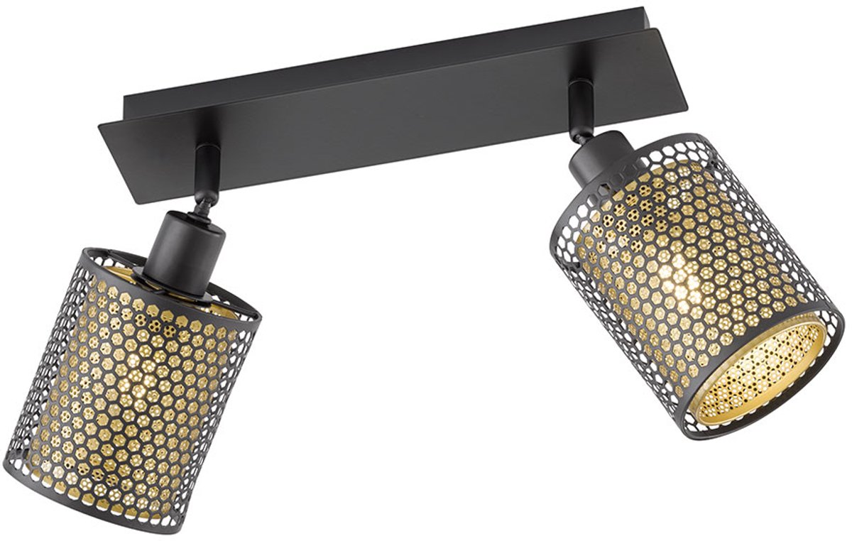 Spotlight zwart goud 2 vlam plafondlamp draaibaar 2 spots vintage, ijzer staal, rooster optiek, 2x E14 stopcontacten, LxBxH 30x10x21 cm, Wofi 12108