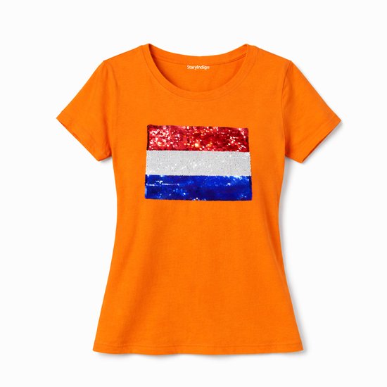 T-shirt orange avec un drapeau néerlandais à paillettes scintillantes sur la poitrine.